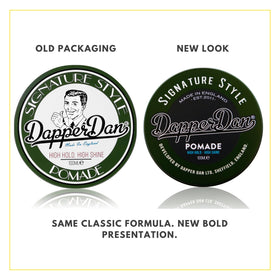 Dapper Dan Signature Pomade packaging back view emphasizing water-based formula for wash-out ease.
