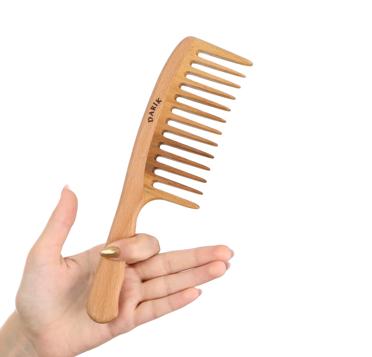 Darik Professional Wooden Wide-Tooth Comb close-up showing smooth teeth for gentle detangling.