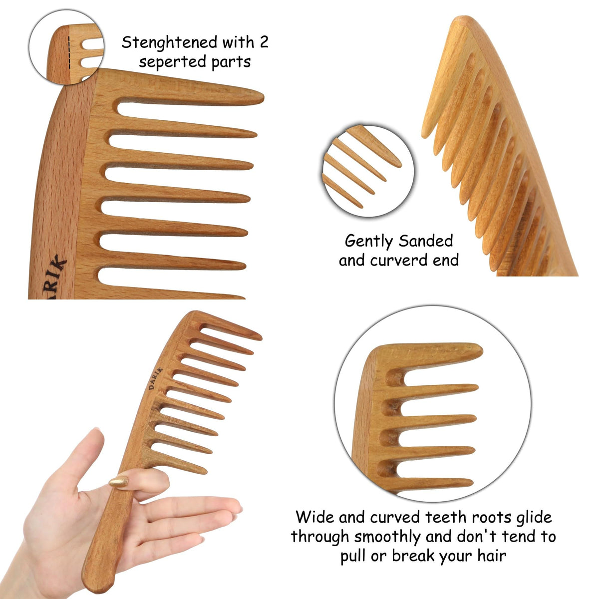 Darik Professional wooden wide-tooth comb minimizes breakage during detangling