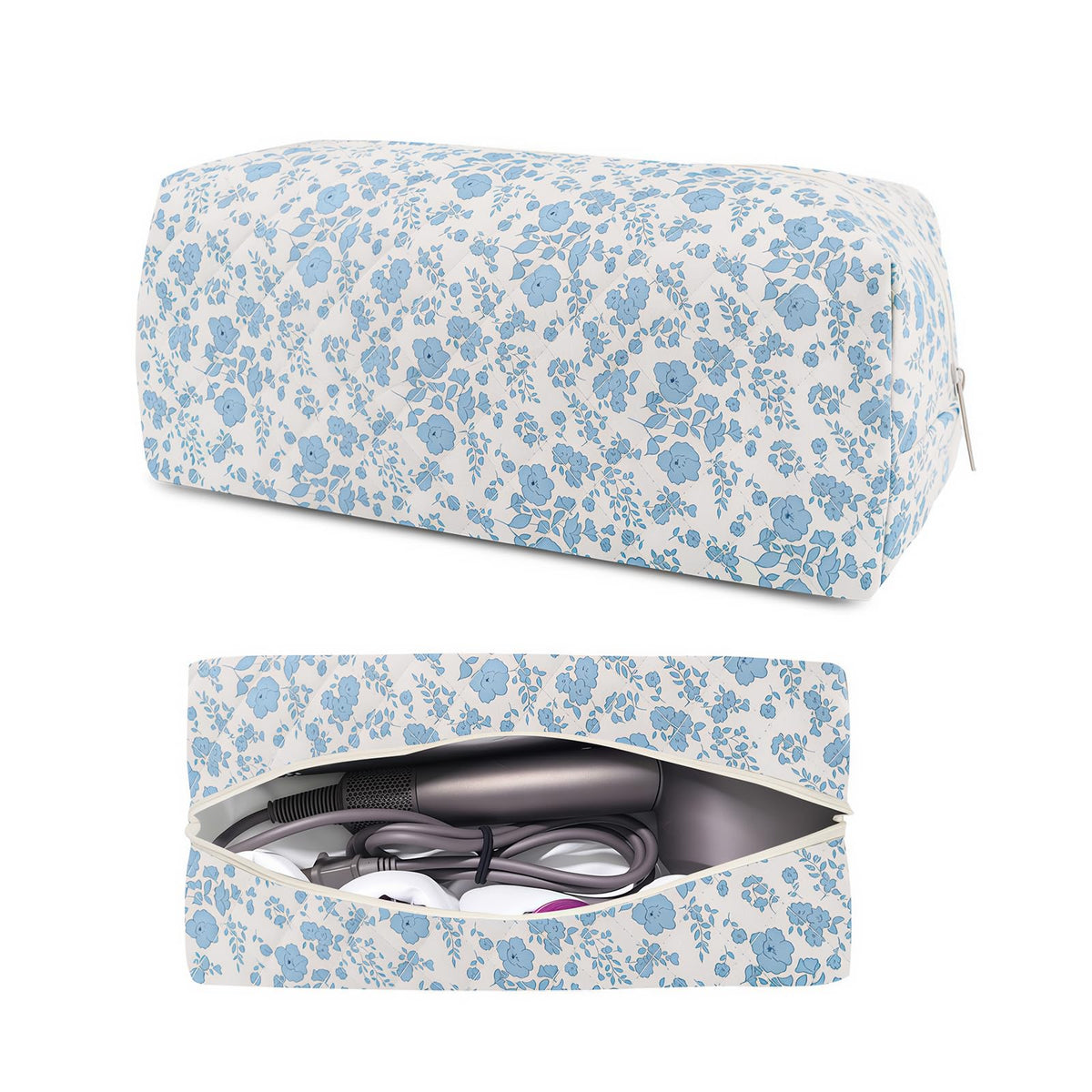 Dark Swan travel bag exterior in blue floral pattern keeps beauty gear organized on the go.
