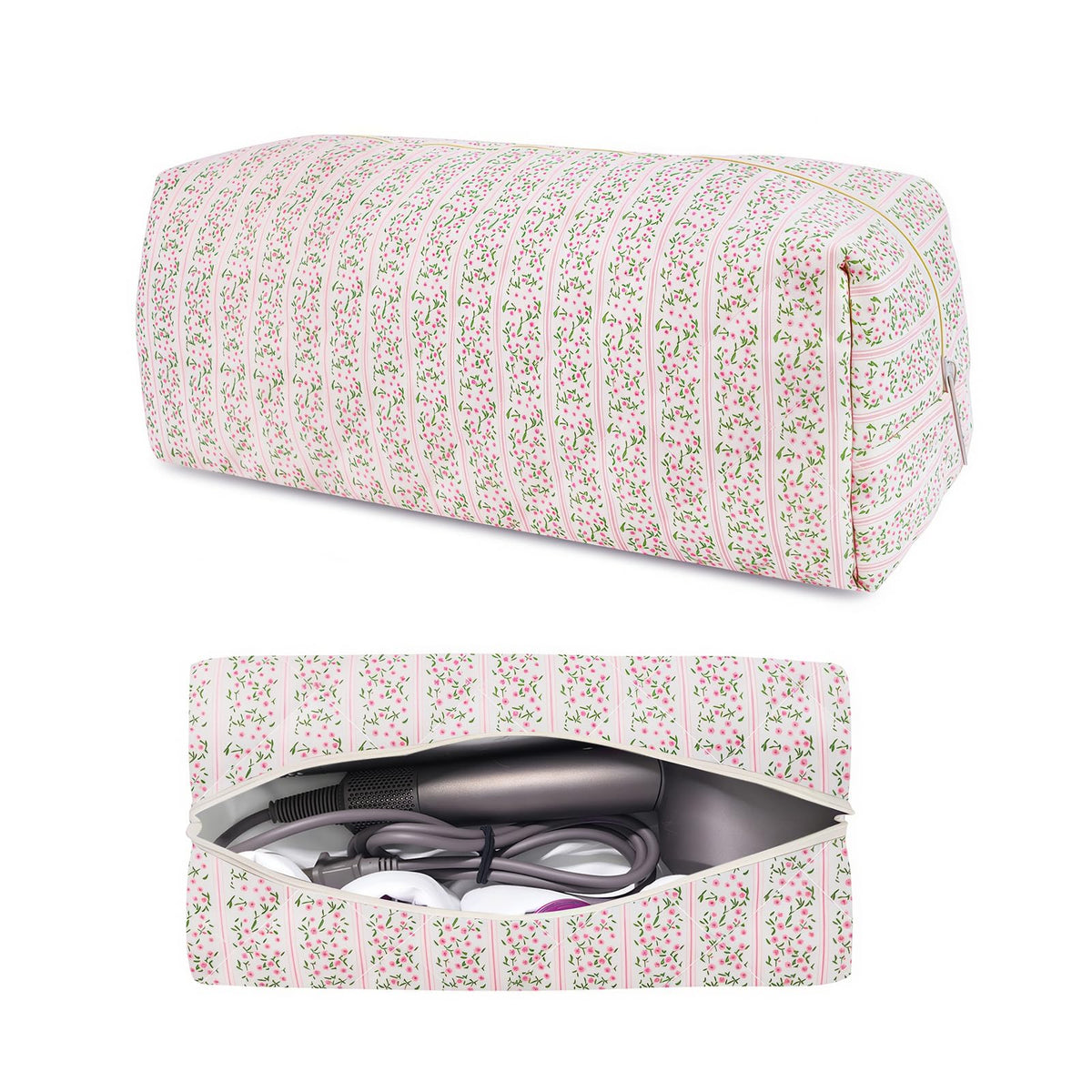 Dark Swan hair tools travel bag pink quilted floral, organized interior for easy access.