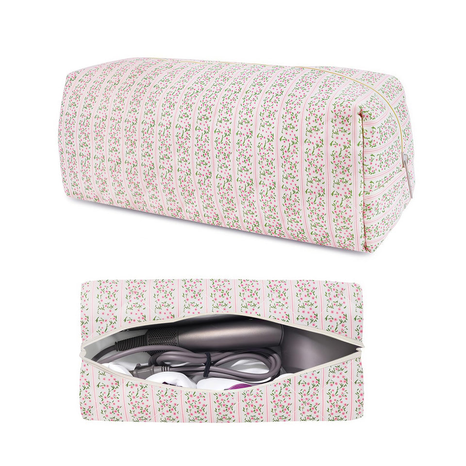 Dark Swan hair tools travel bag pink quilted floral, organized interior for easy access.