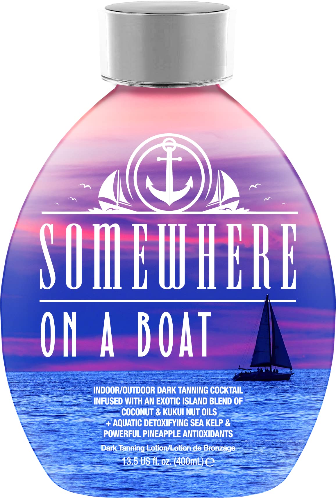 Dark Tans Exclusive Somewhere On A Boat lotion bottle on display for tanning prep