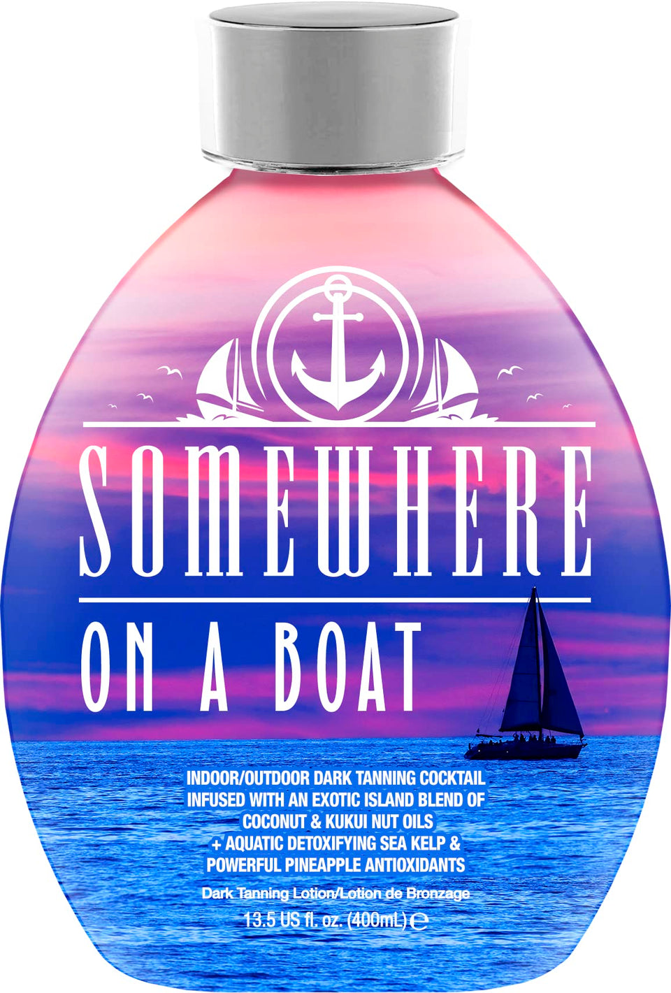 Dark Tans Exclusive Somewhere On A Boat lotion bottle on display for tanning prep