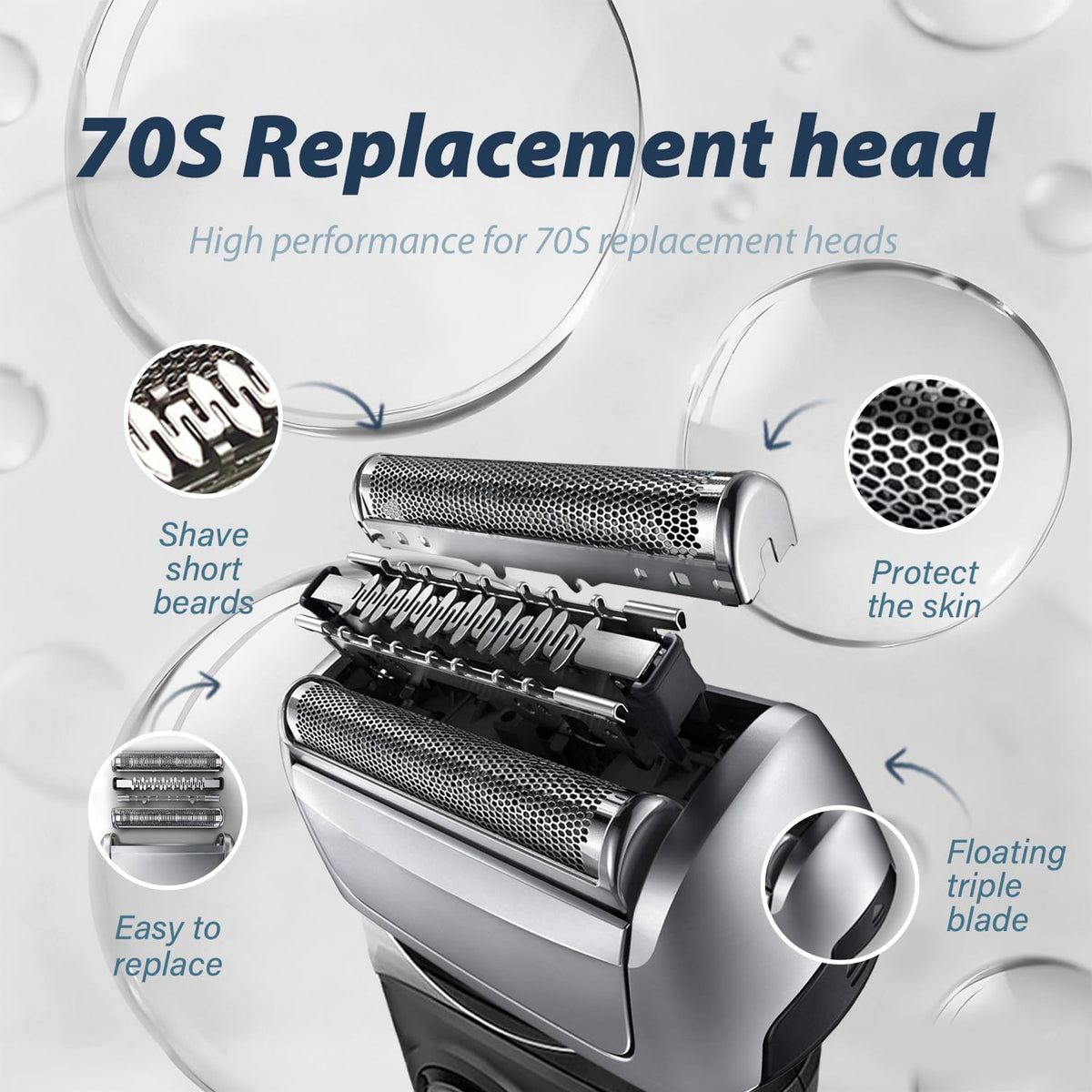 Darohz 70S replacement head close-up, showing precision mesh and three-blade design
