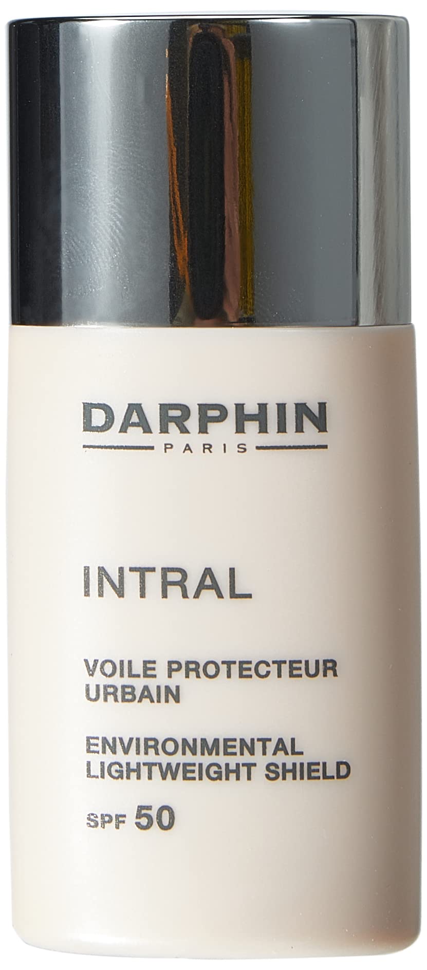 Darphin Intral Shield bottle closeup shows sheer UV protection for sensitive skin