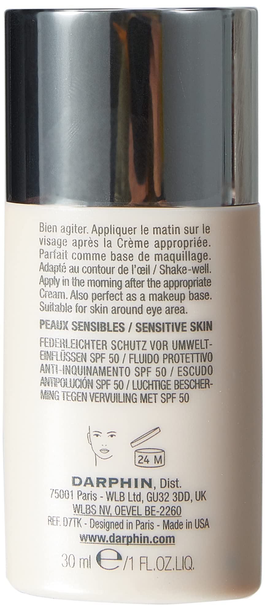 Darphin Intral Shield sheer fluid texture emphasizes lightweight protection and makeup base