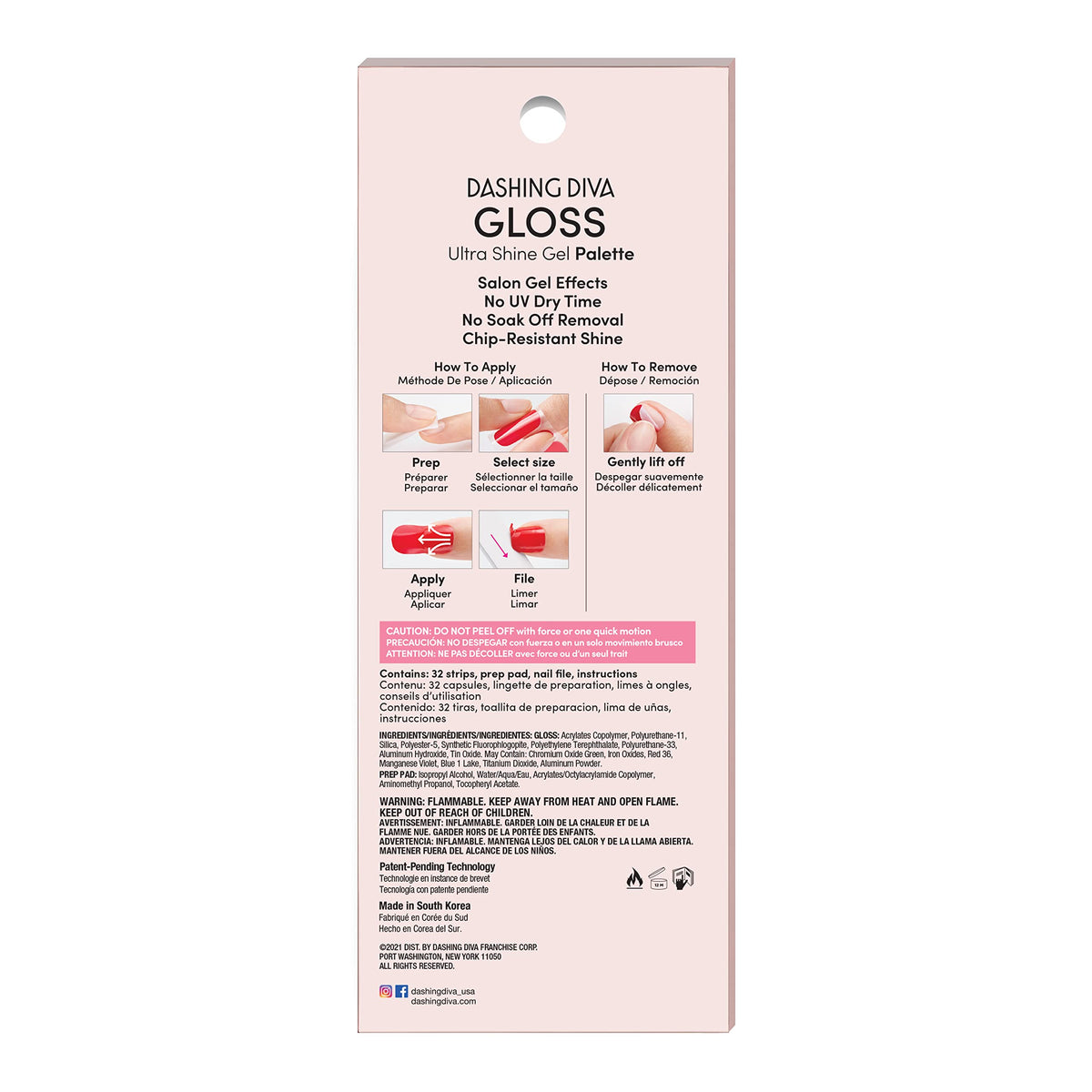 Dashing Diva Gloss Nail Strips Feeling Flush include prep pad and file for easy prep.