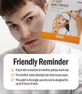 DASHU Daily Sunshield Golf Patch applied on face demonstrates easy peel-off convenience.