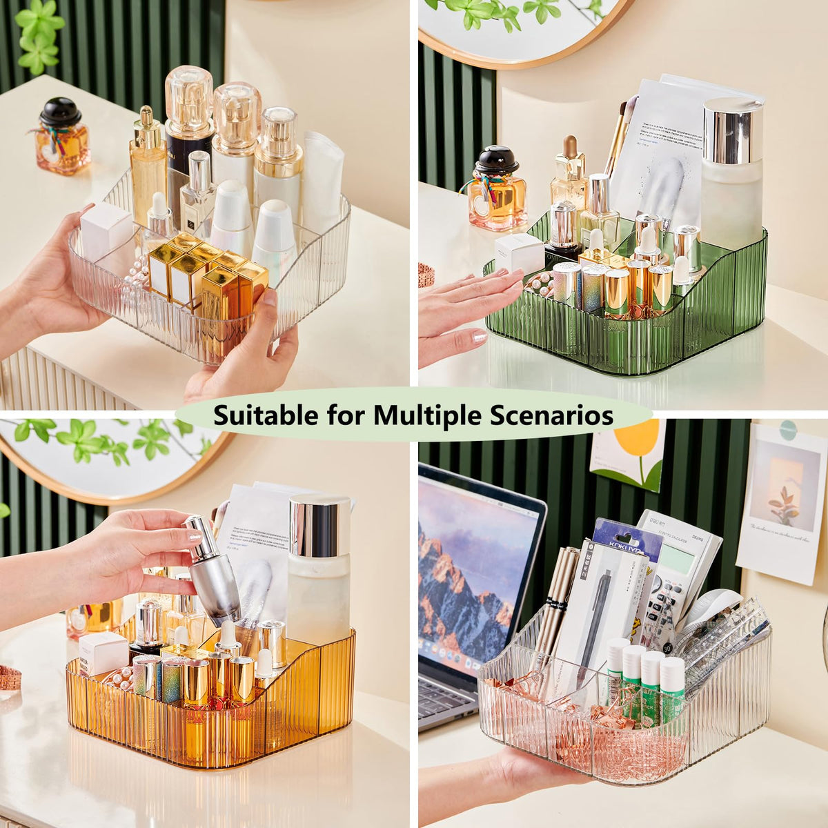 DASITON clear XL vanity organizer with built-in mirror for quick product access.