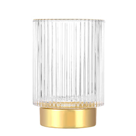 DASITON makeup brush holder in crystal clear glass keeps vanity tidy.
