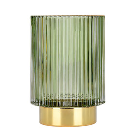 DASITON makeup brush holder in green striped glass for elegant vanity organization.
