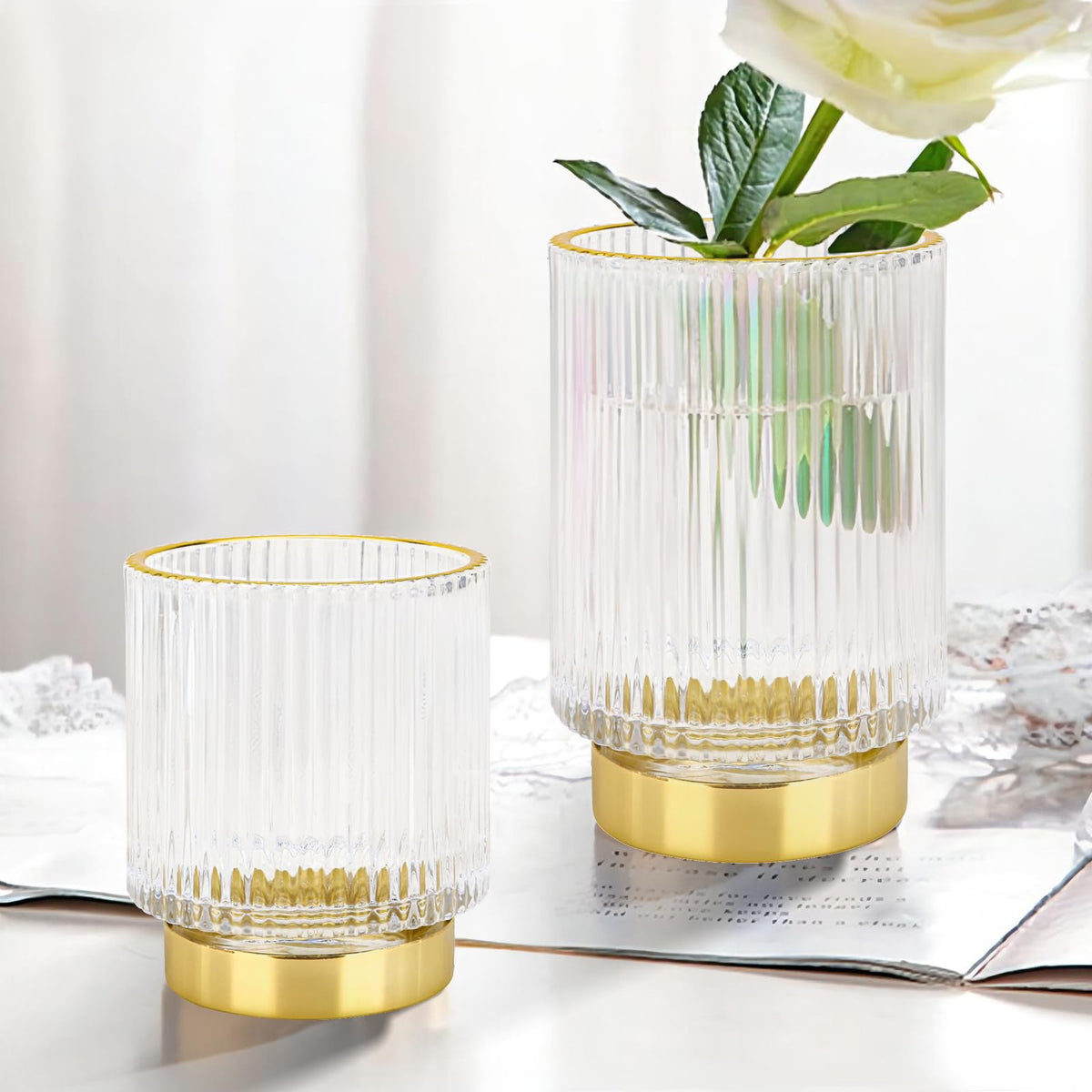 DASITON striped glass vanity organizer stylishly holds brushes and accessories.