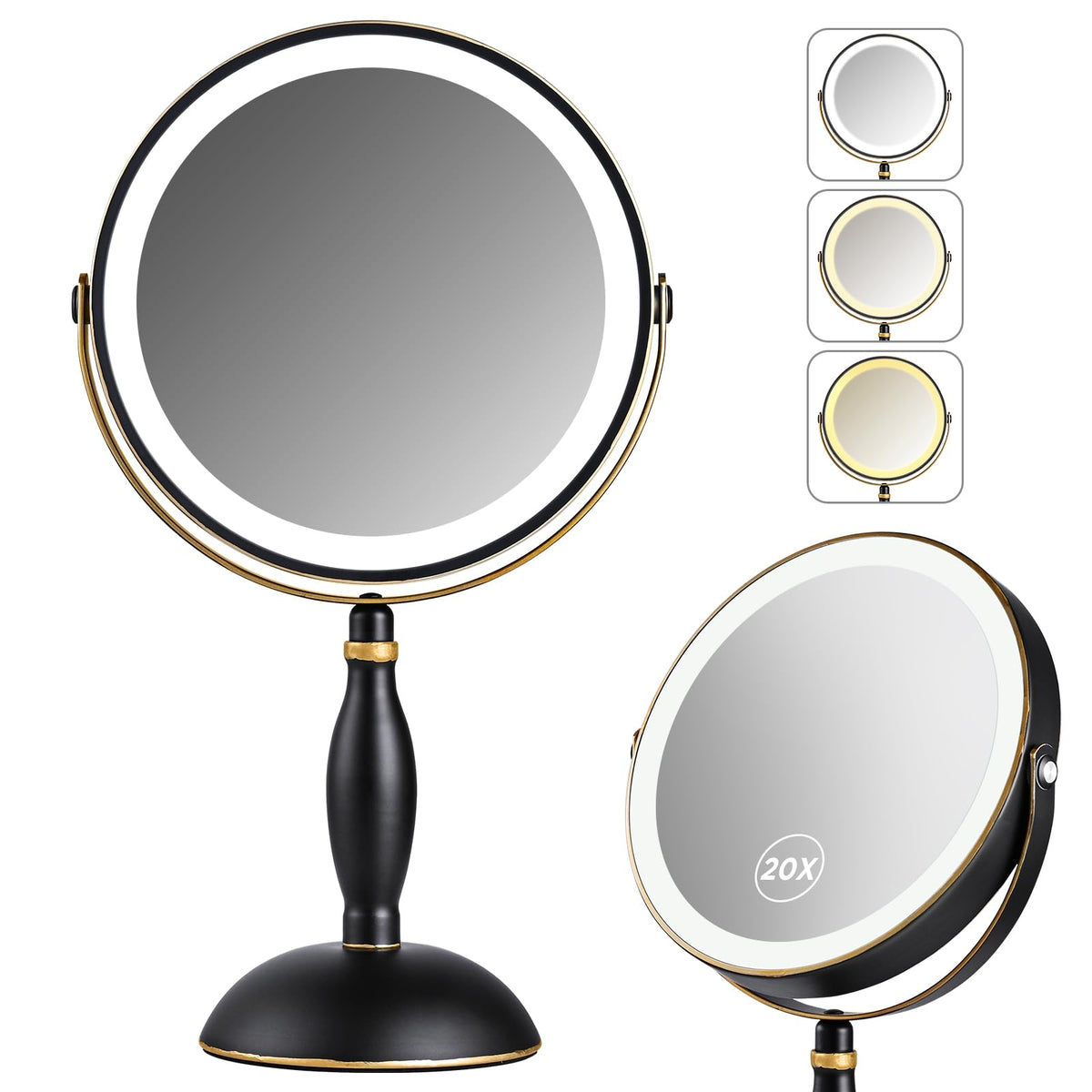 DASLAVA lighted makeup mirror front view with 20x magnification for precise detail