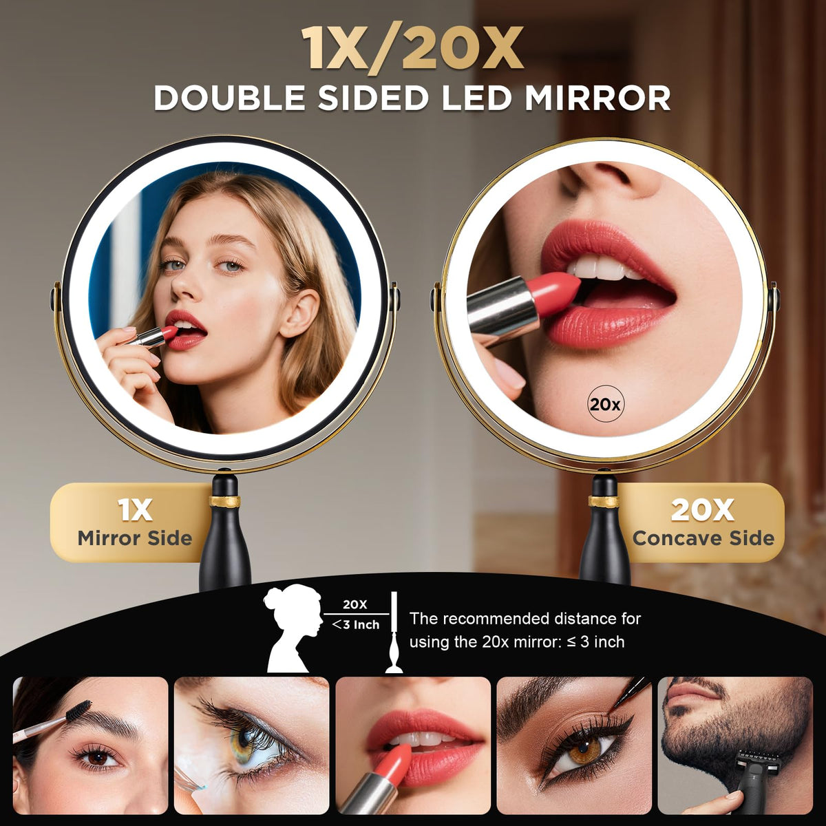 DASLAVA lighted makeup mirror side view showing 3-color LED options for adaptable lighting