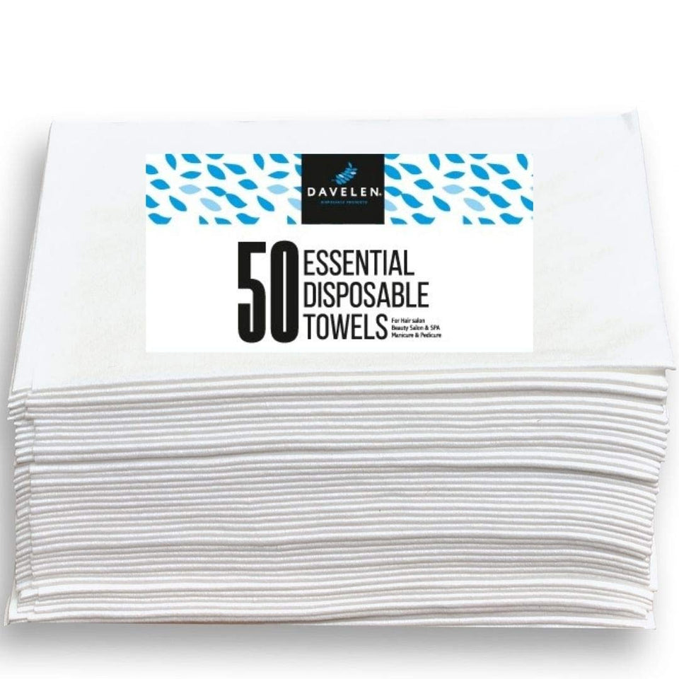 DAVELEN disposable hair towel white pack shot shows convenience and size.