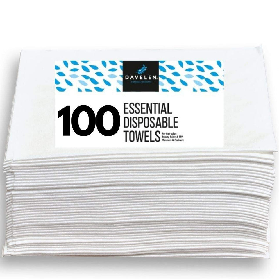 DAVELEN essential disposable hair towel pack 100 in white, ideal for quick hair drying.