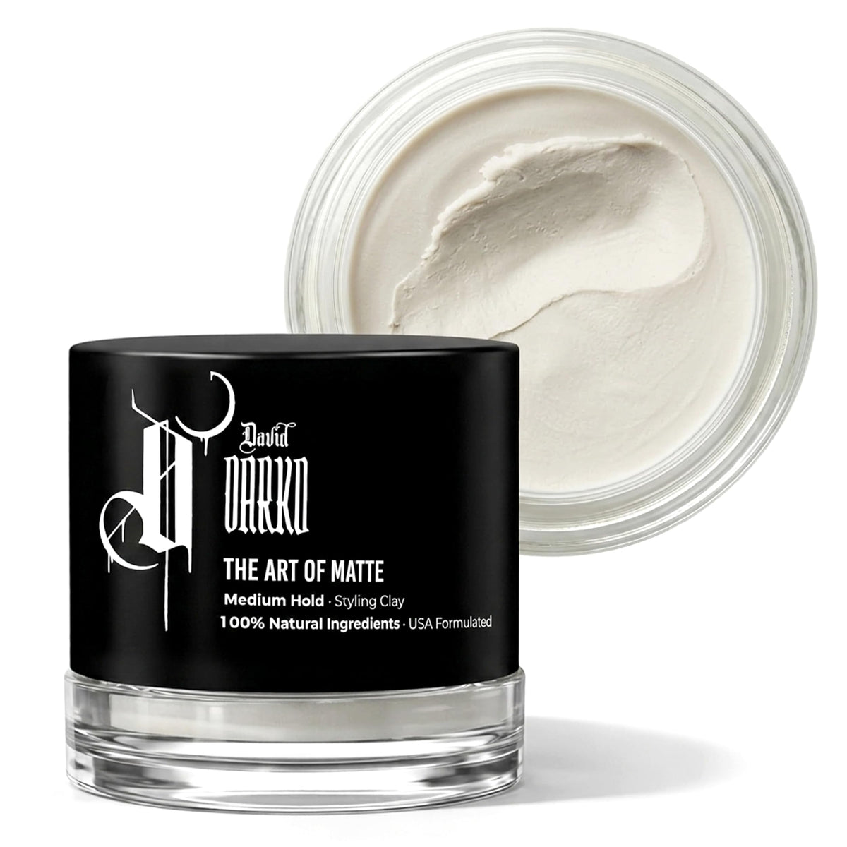David Darko Hair Clay jar front displaying matte finish for natural styling.