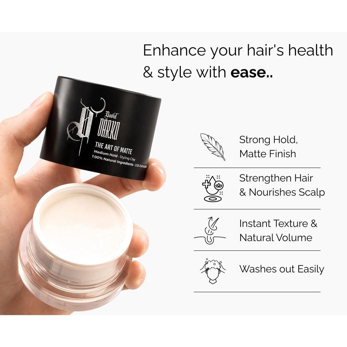 David Darko Hair Clay jar-side view highlights compact packaging and easy grip.