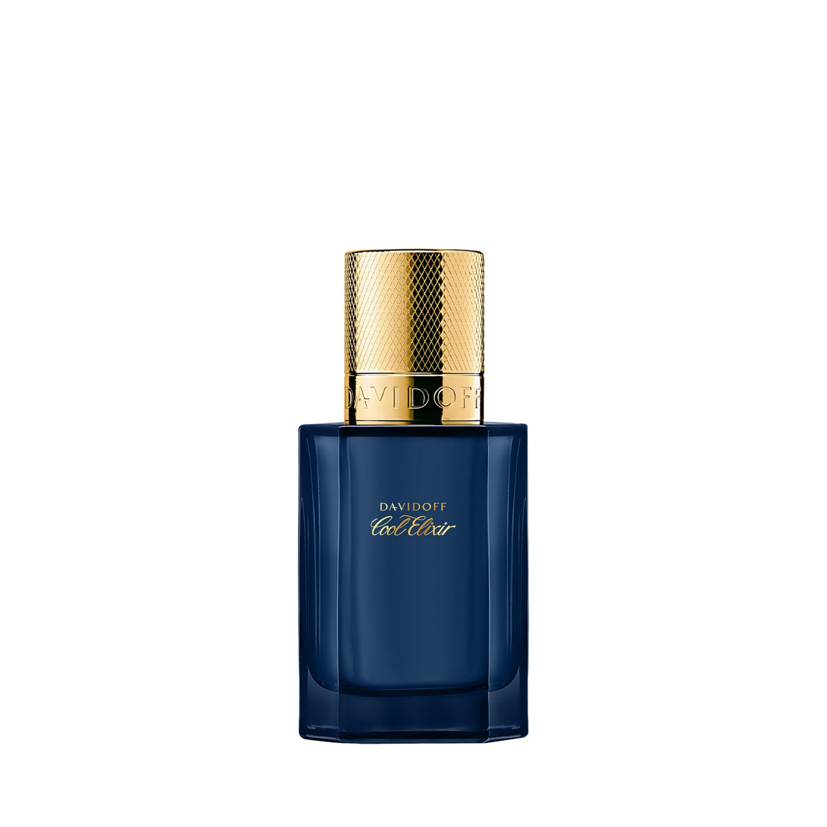 Davidoff Cool Elixir bottle closeup with premium woody fragrance.