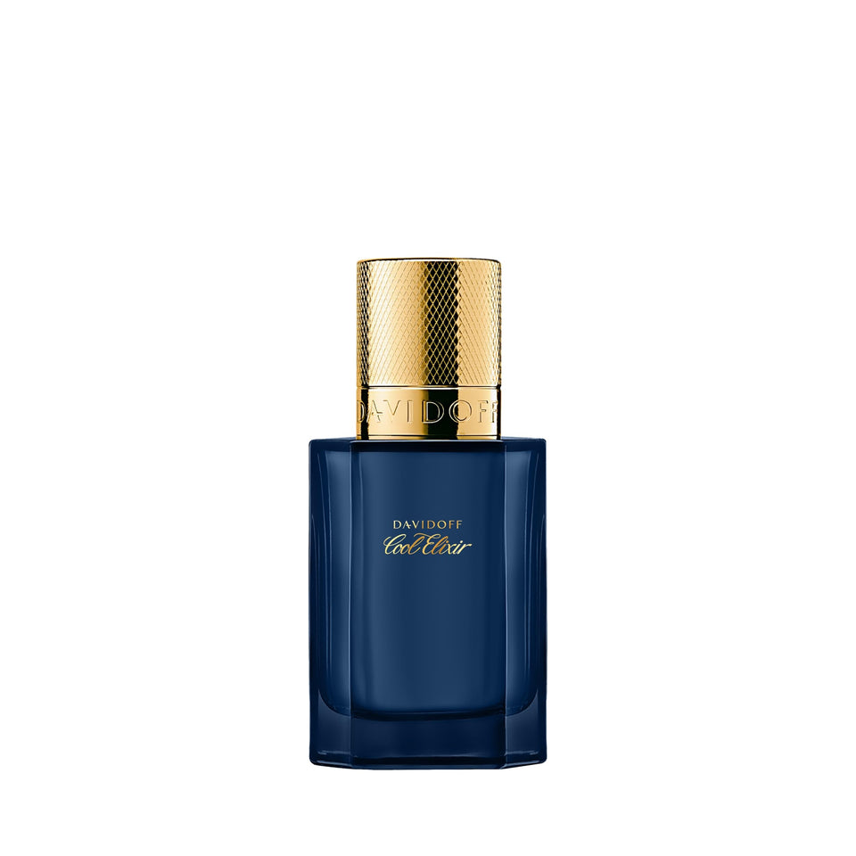 Davidoff Cool Elixir bottle closeup with premium woody fragrance.
