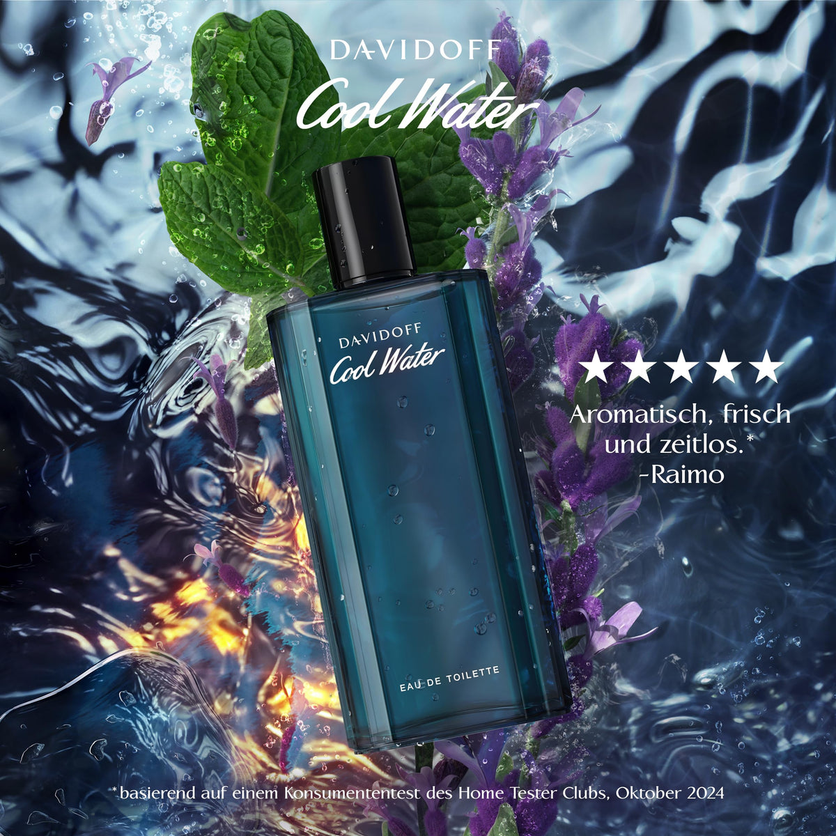 Davidoff Cool Water logo close-up reinforces brand recognition and style.