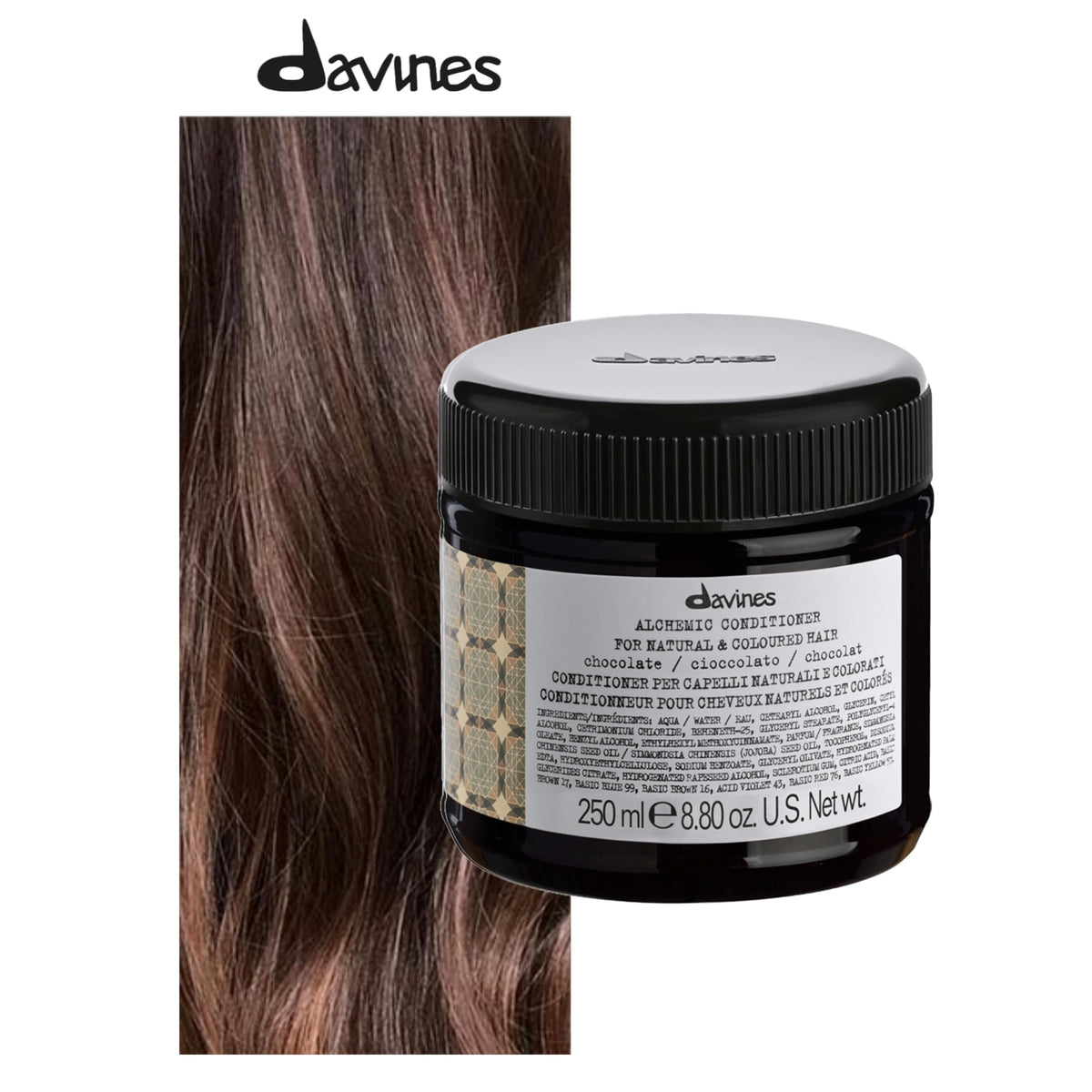 Davines Alchemic Chocolate conditioner application hands demonstrating even distribution.