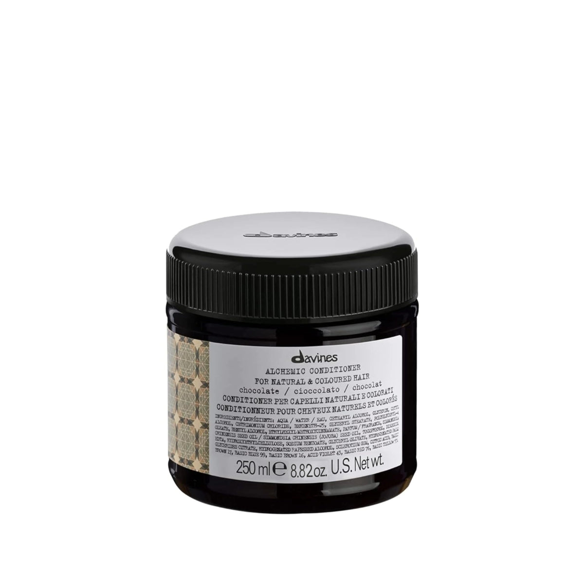 Davines Alchemic Chocolate conditioner bottle closeup for brunette color depth and hydration.