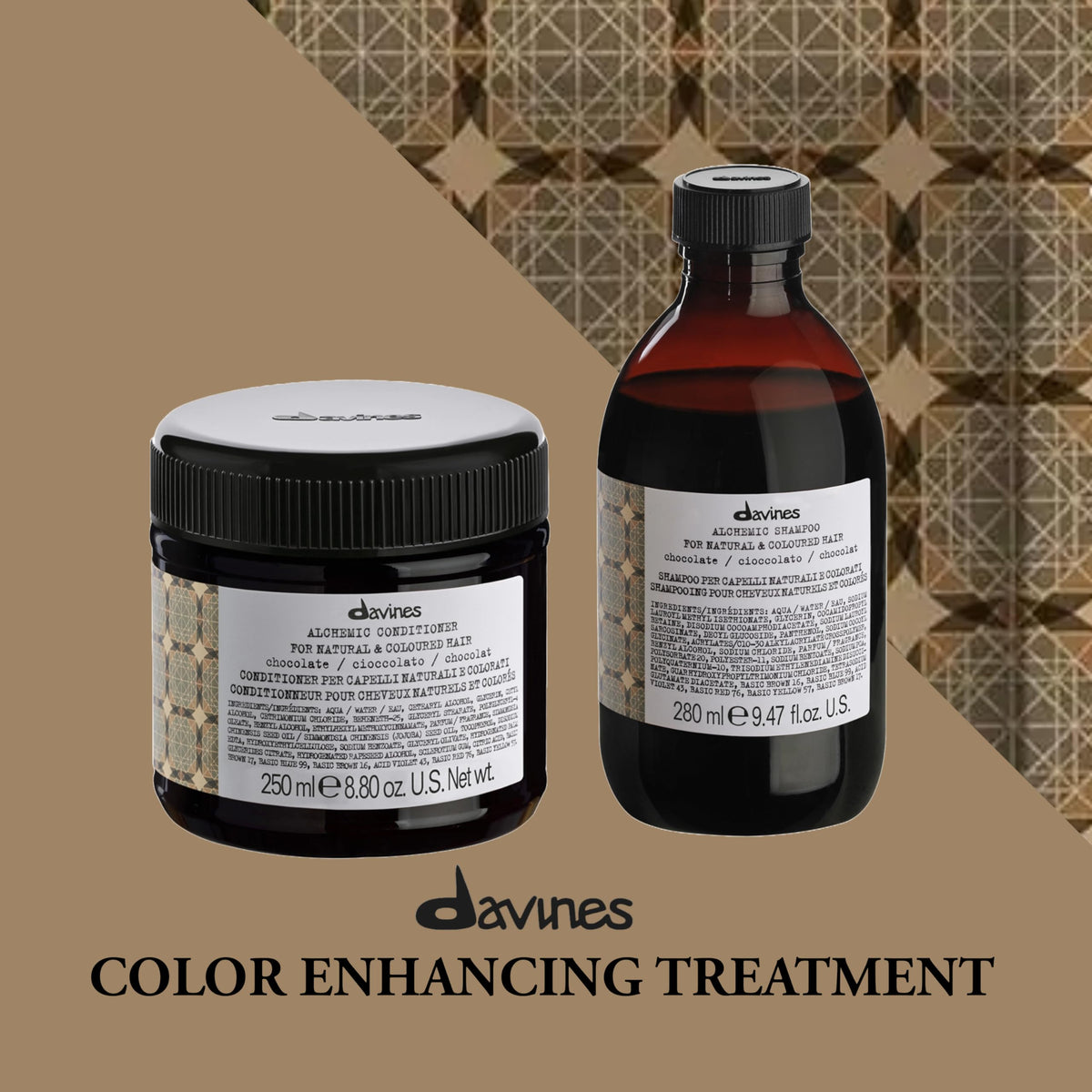 Davines Alchemic Chocolate conditioner on dark brunette hair enriching color and shine.