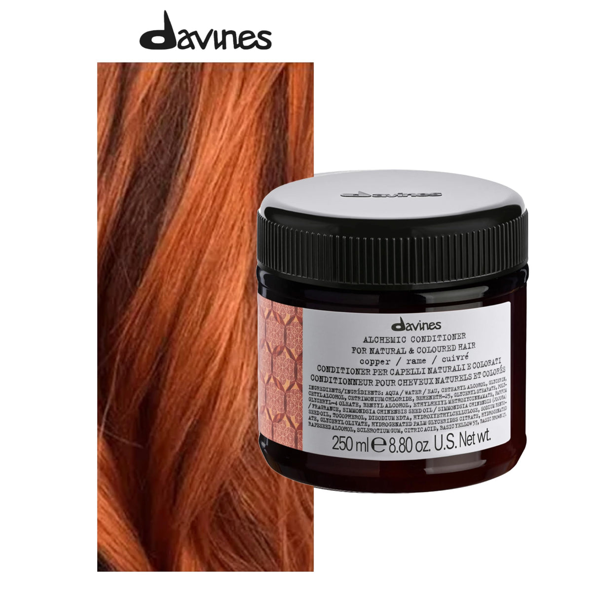 Davines Alchemic Copper conditioner bottle on damp hair showing even application
