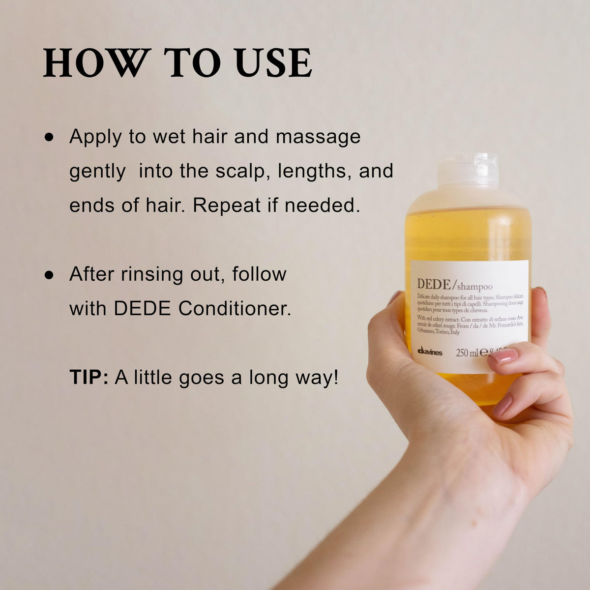 Davines DEDE shampoo foam demonstrating light, delicate cleansing.