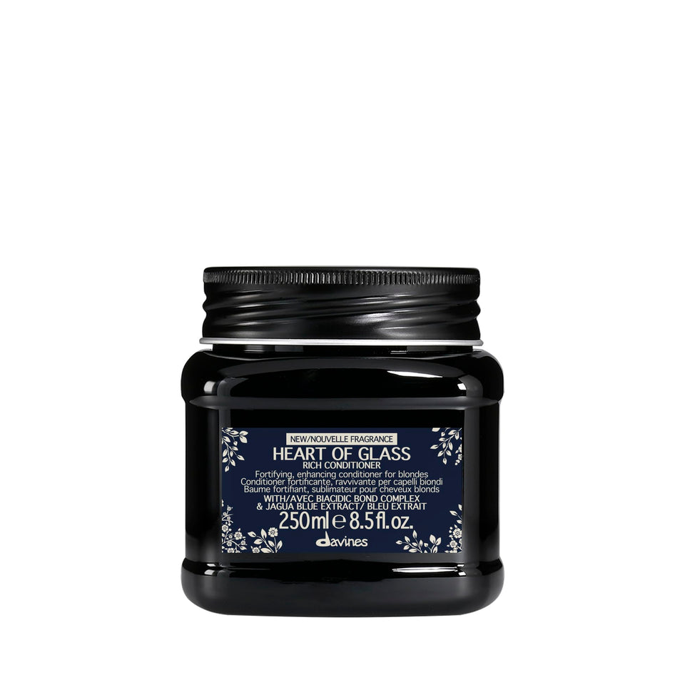 Davines Heart of Glass Rich Conditioner bottle front, premium blonde care packaging for luminous color.