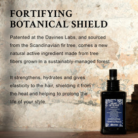 Illustration of UV and heat protection beside Davines Heart of Glass Sheer Glaze bottle.