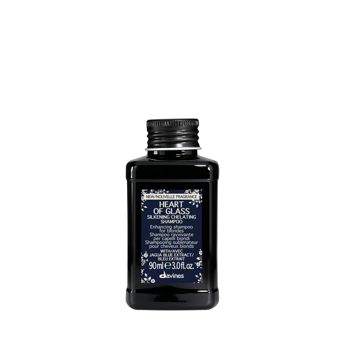 Davines Heart of Glass bottle close-up highlighting blue tones for blondes.