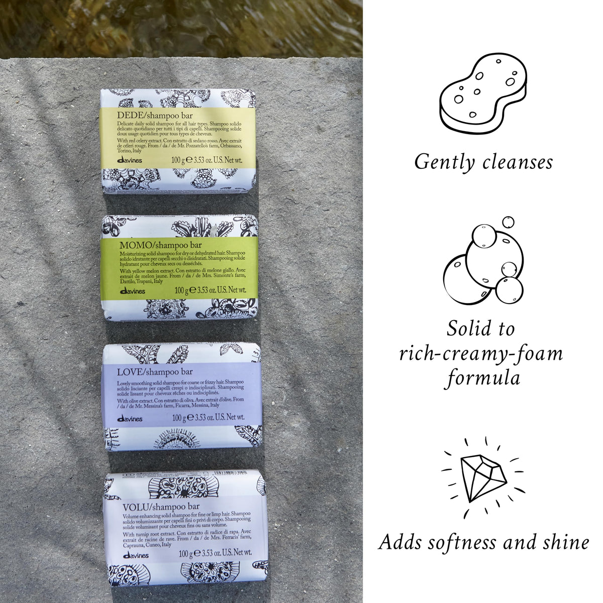 Davines LOVE Shampoo Bar with olive extract for nourishing shine.