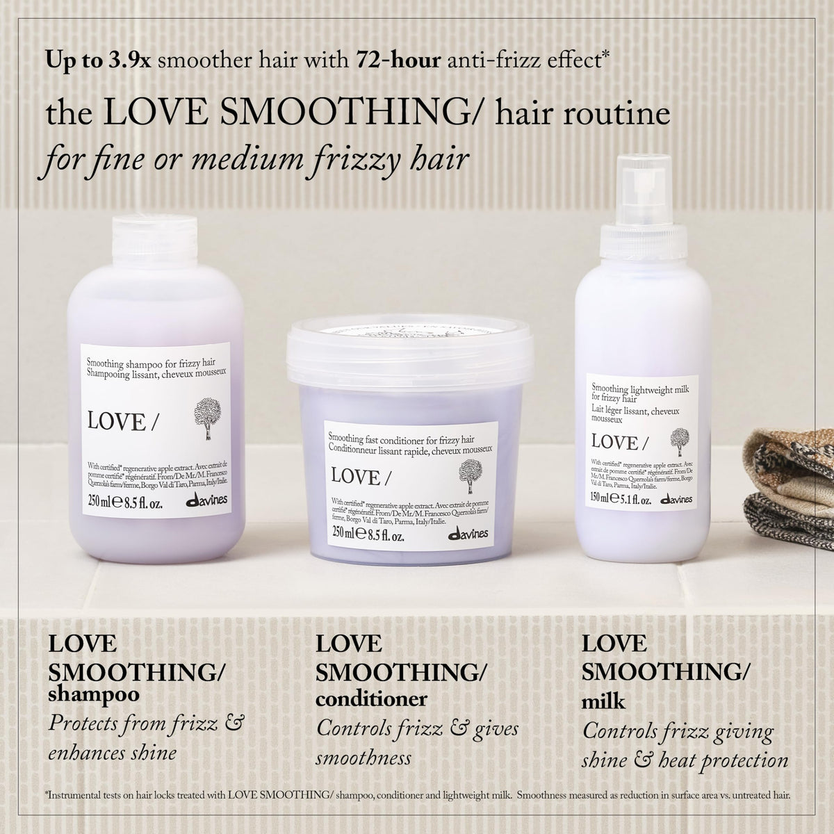 Davines Love Smoothing bottle with pump demonstrates convenient dispensing