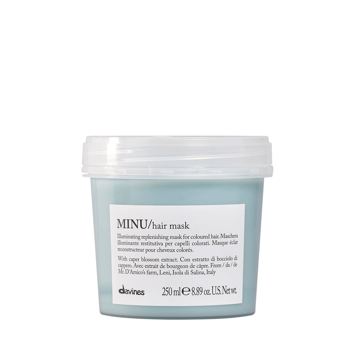 Davines MINU Hair Mask bottle close-up showing color-protective formula in action.