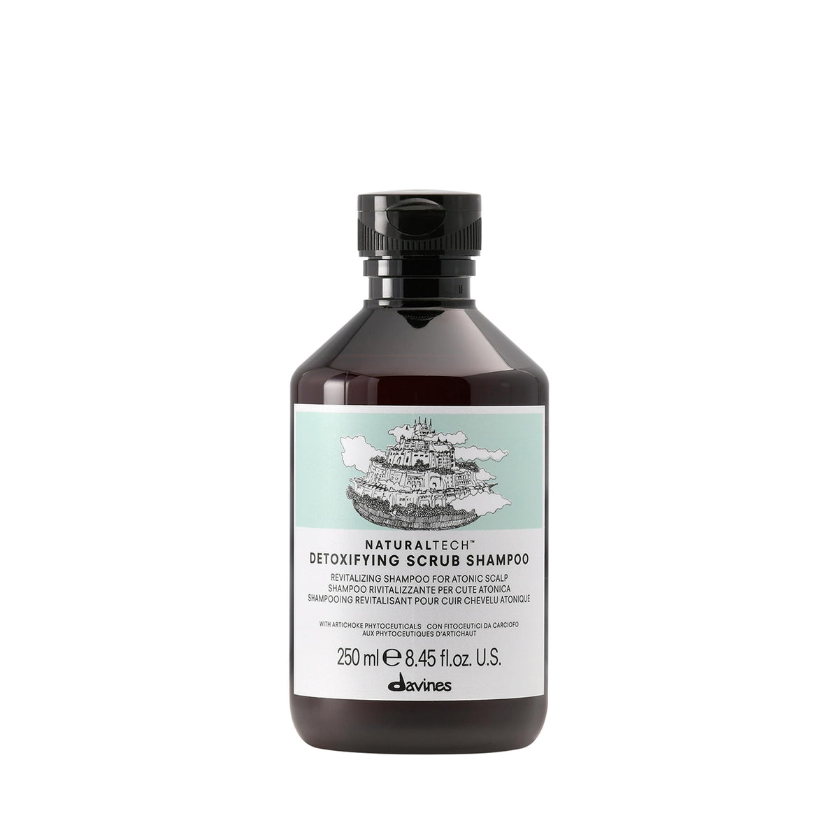 Davines Naturaltech Detoxifying Scrub Shampoo bottle for scalp purification and gentle buildup removal.