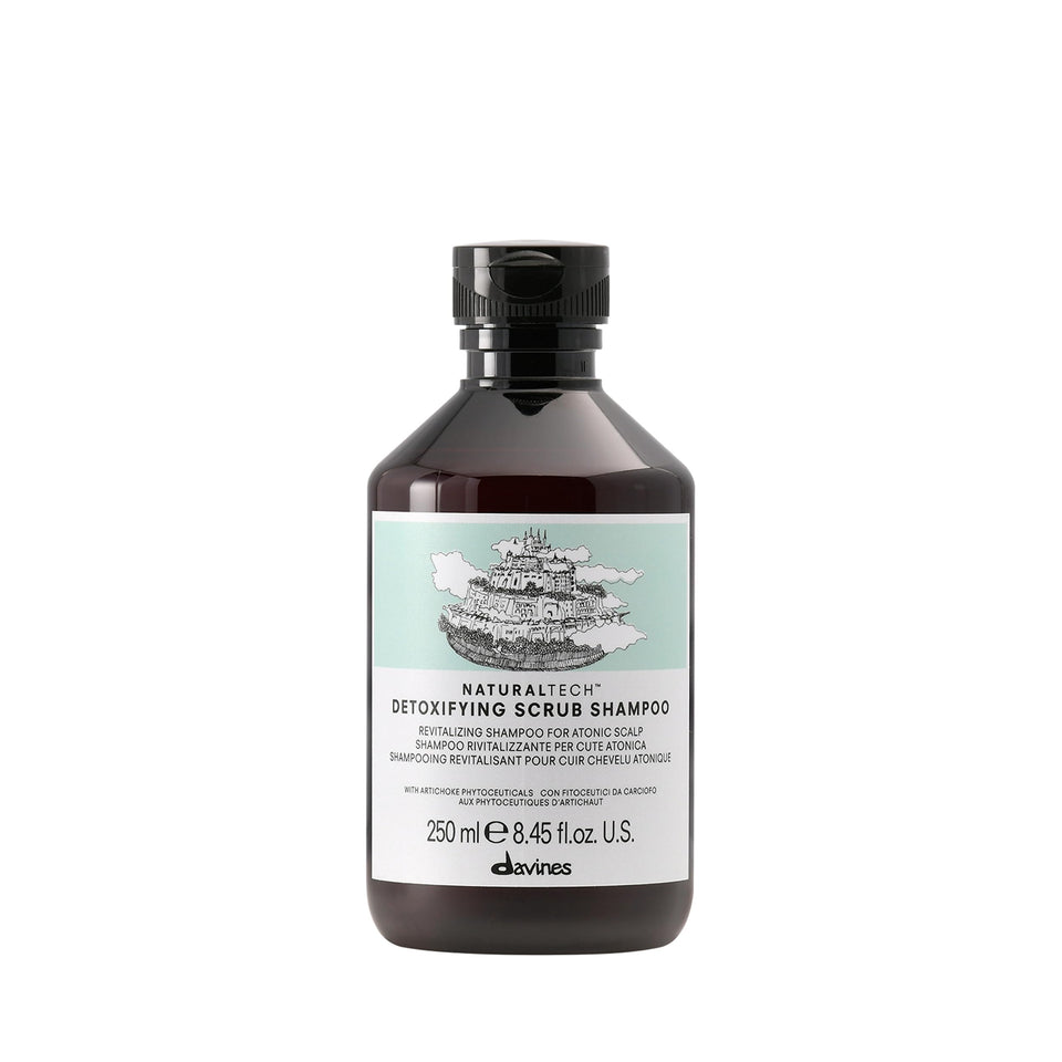 Davines Naturaltech Detoxifying Scrub Shampoo bottle for scalp purification and gentle buildup removal.