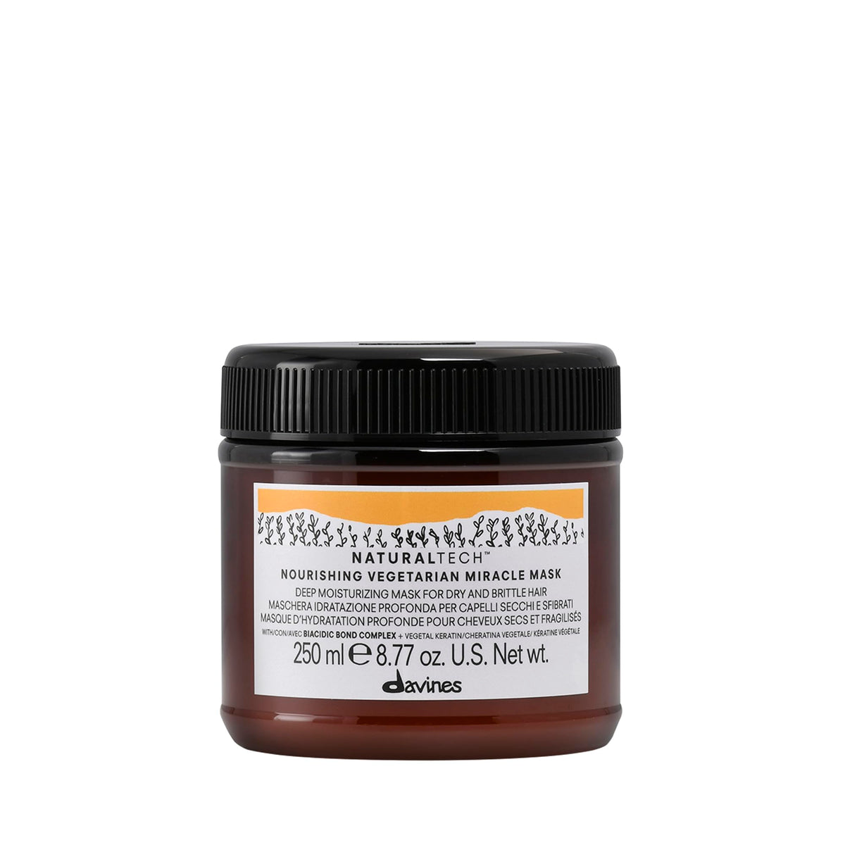Davines Naturaltech Nourishing Mask bottle front shows hydration and manageability.