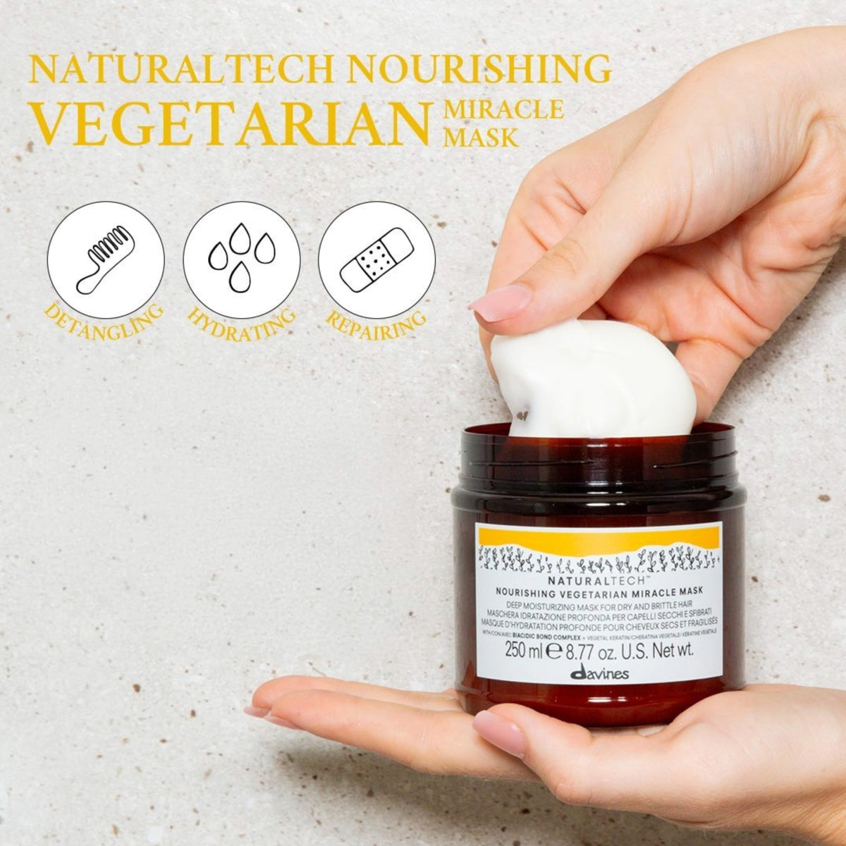 Davines Naturaltech Nourishing Mask ingredients close-up highlight vegetal keratin.