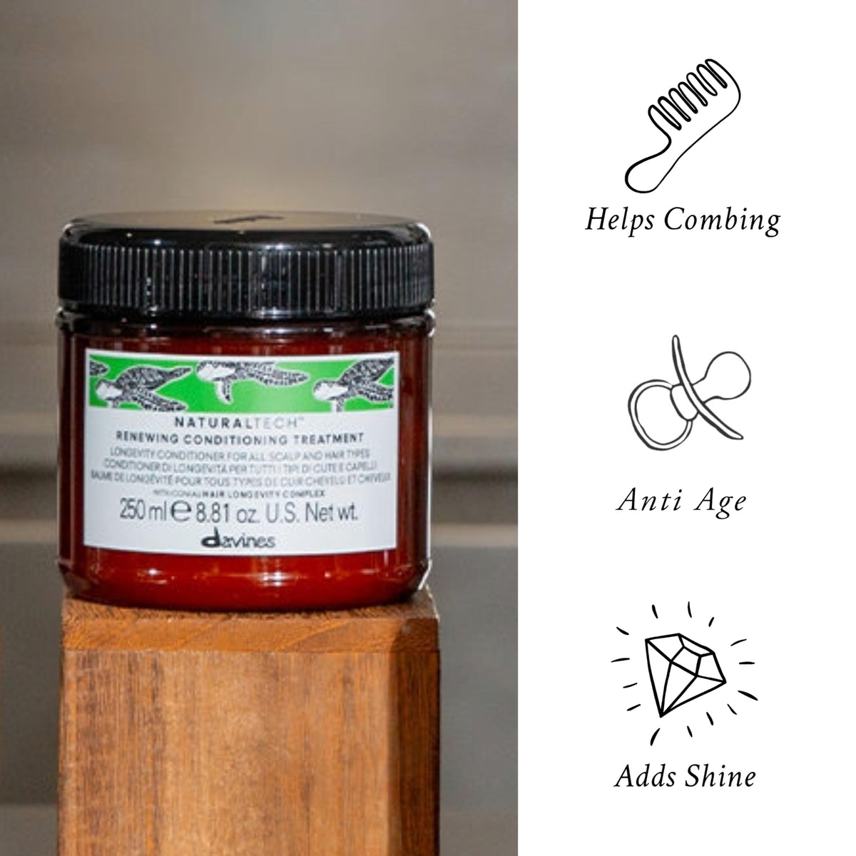 Davines Renewing Conditioning maqui berry section emphasizes youth protection and resilience.