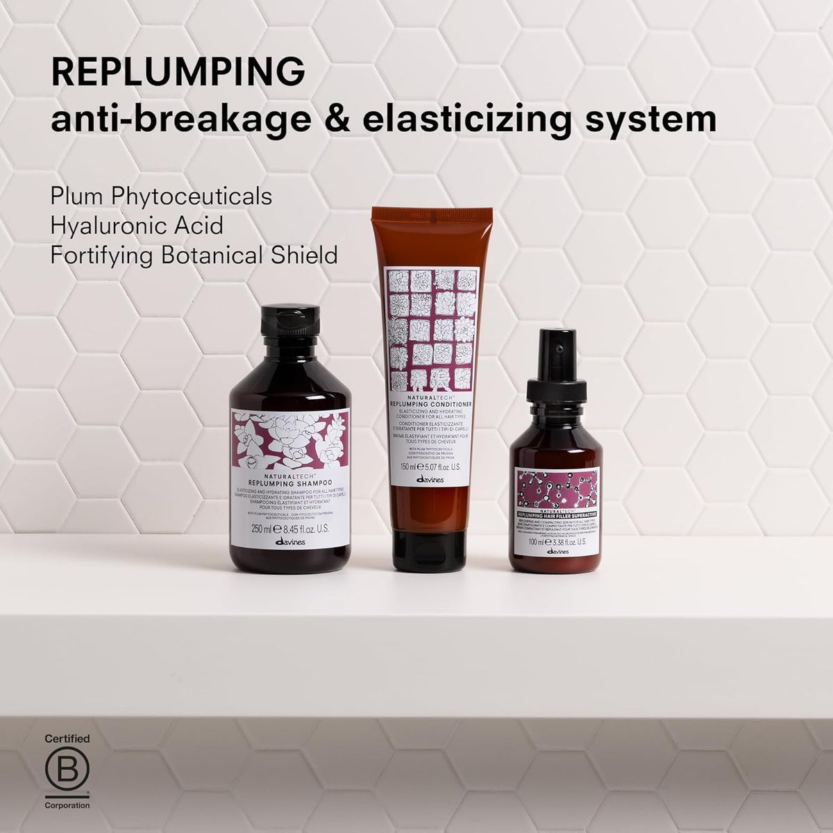 Davines Naturaltech Replumping blowdry-action image hints at longer-lasting styling.