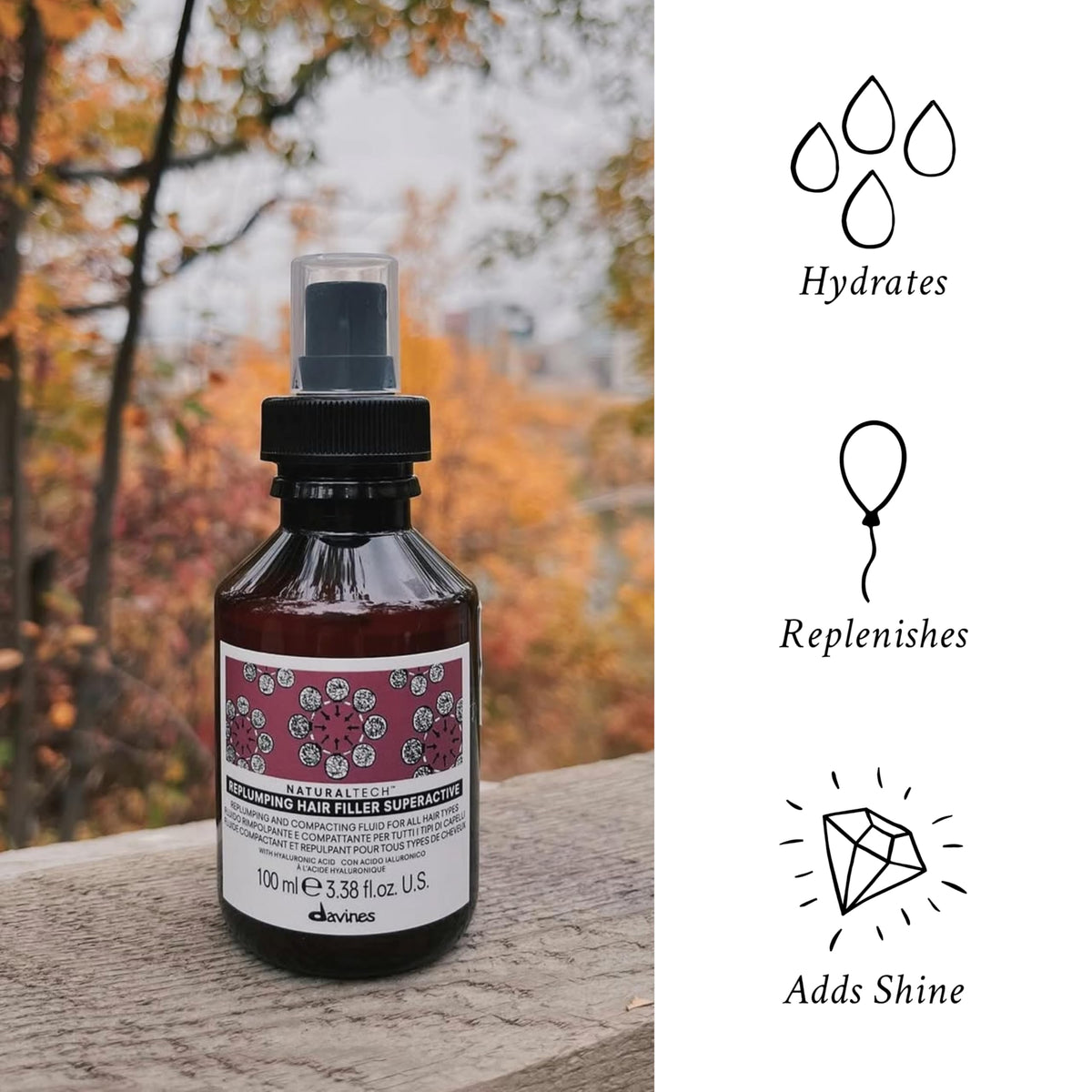 Davines Naturaltech Replumping hair-shine close-up reveals glossy, hydrated strands.