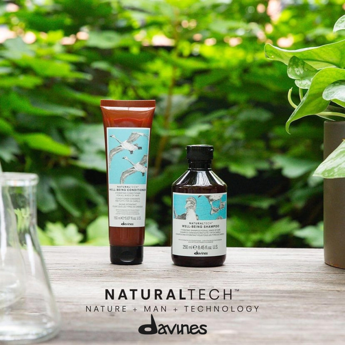 Davines Naturaltech Wellbeing Shampoo bottle closeup highlights gentle lather and lightweight formula.