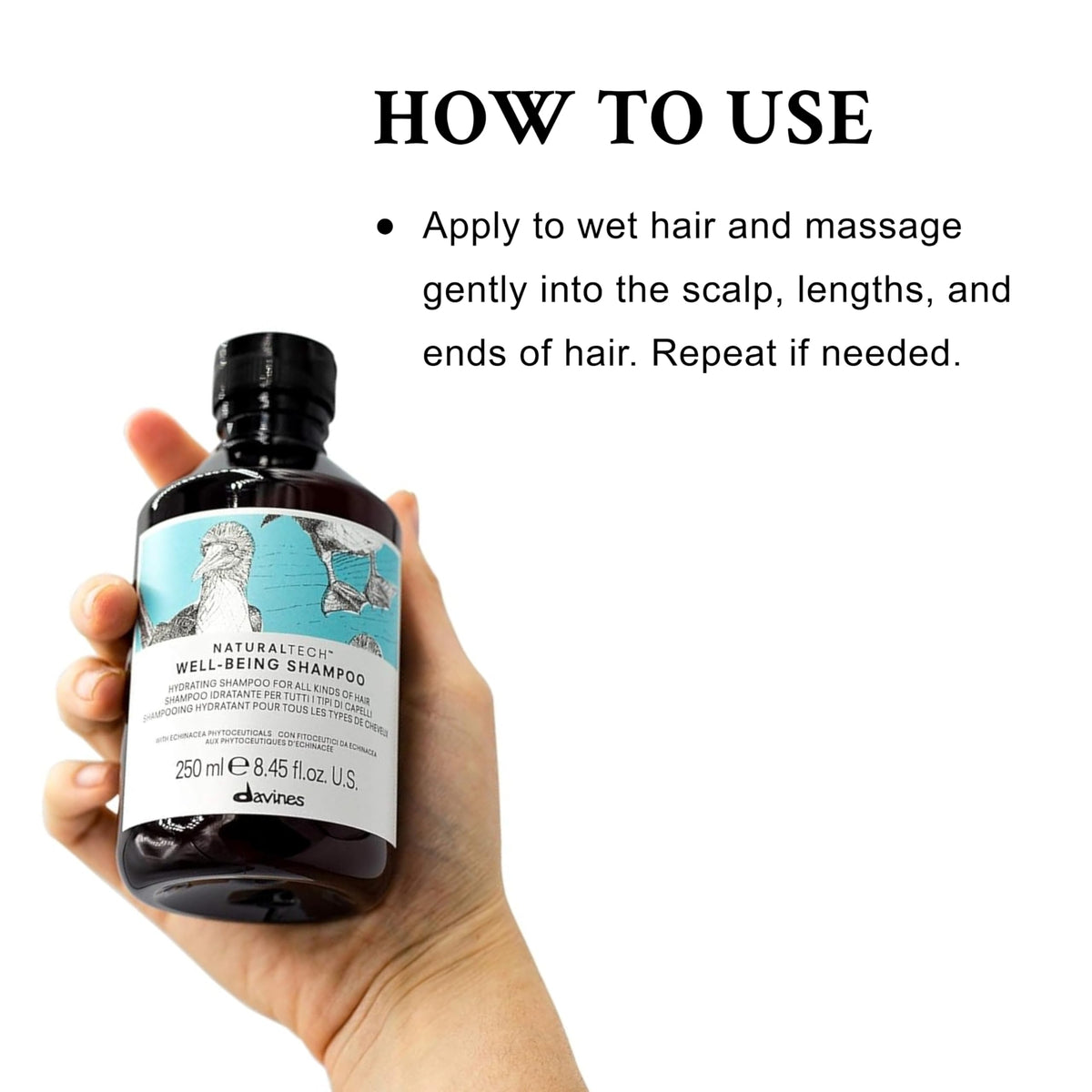 Davines Naturaltech Wellbeing Shampoo scalp closeup shows soothing application.