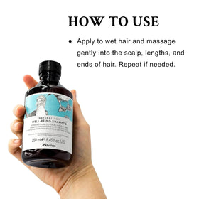 Davines Naturaltech Wellbeing Shampoo scalp closeup shows soothing application.