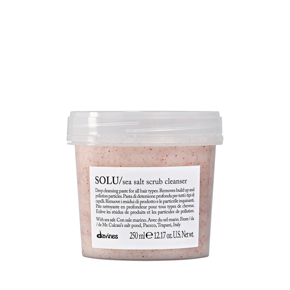 Davines SOLU sea salt scrub bottle for deep scalp cleansing and refreshing results.