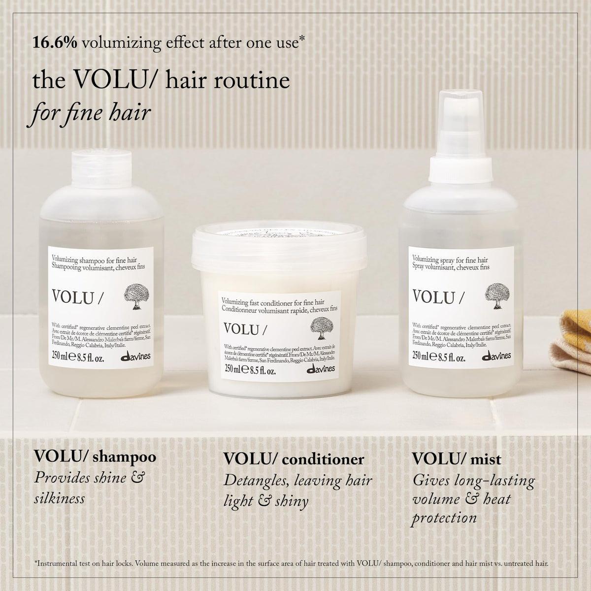 Davines VOLU/Conditioner full bottle on shelf.