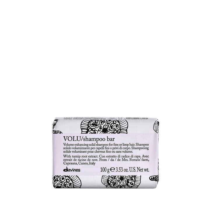 Davines VOLU Shampoo Bar packaging highlights eco-friendly FSC paper.